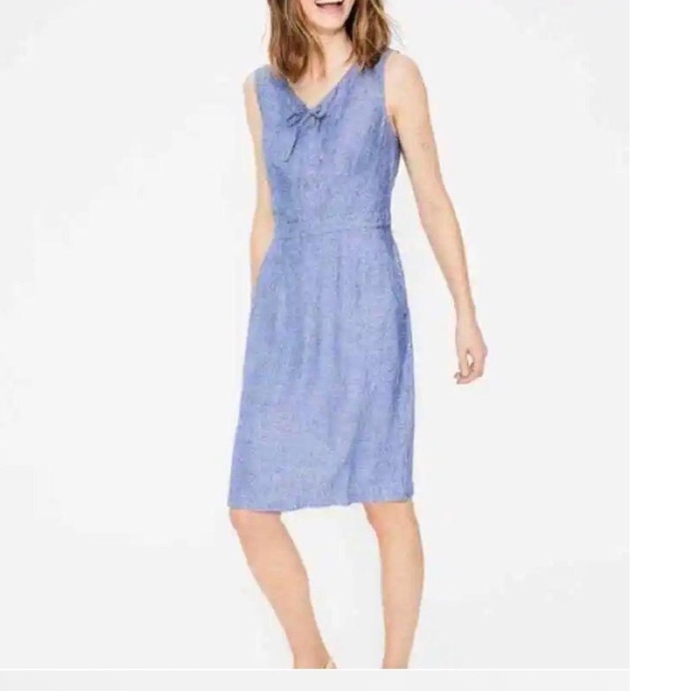 Boden Blue Linen Sleeveless Bow Neck Shift Dress with Pockets US 12R UK 16R